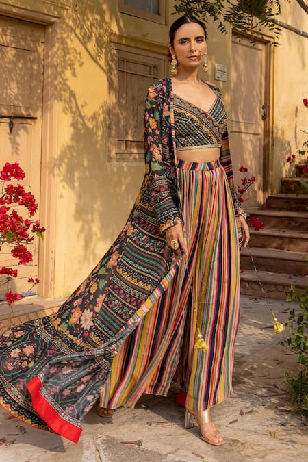 Shop_Sandhya Shah_Green Georgette, Linen Cut Work, Beads V-neck Printed Cape Palazzo Set _at_Aza_Fashions