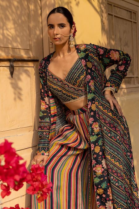 Sandhya Shah_Green Georgette, Linen Cut Work, Beads V-neck Printed Cape Palazzo Set _Online_at_Aza_Fashions