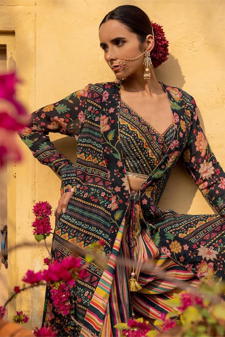 Buy_Sandhya Shah_Green Georgette, Linen Cut Work, Beads V-neck Printed Cape Palazzo Set _Online_at_Aza_Fashions