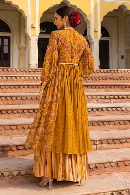 Shop Sandhya Shah Yellow Georgette, Linen Beads, Cut Work V-neck Printed Anarkali And Palazzo Set at Aza Fashions Shop_Sandhya Shah_Yellow Georgette, Linen Beads, Cut Work V-neck Printed Anarkali And Palazzo Set _at_Aza_Fashions