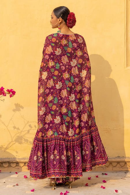 Shop_Sandhya Shah_Wine Georgette, Cotton Cut Work, Beads V-neck Printed Cape Sharara Set _at_Aza_Fashions