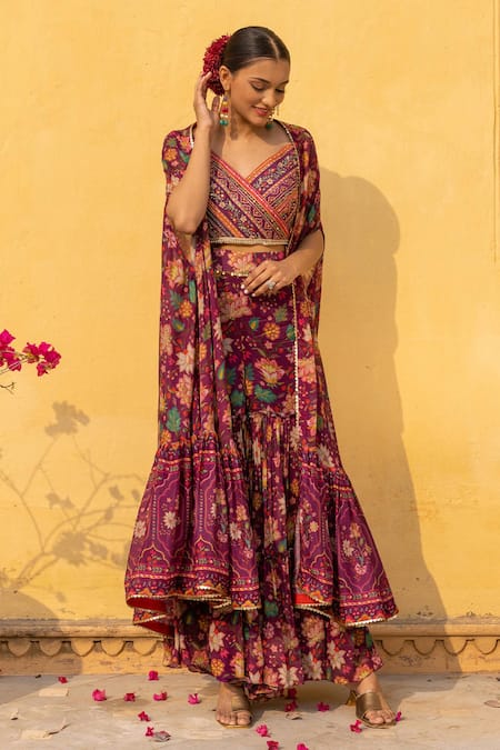 Sandhya Shah_Wine Georgette, Cotton Cut Work, Beads V-neck Printed Cape Sharara Set _Online_at_Aza_Fashions