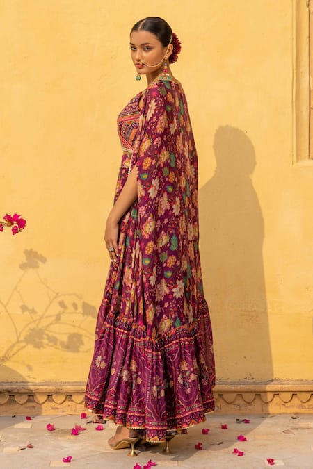 Buy_Sandhya Shah_Wine Georgette, Cotton Cut Work, Beads V-neck Printed Cape Sharara Set _Online_at_Aza_Fashions
