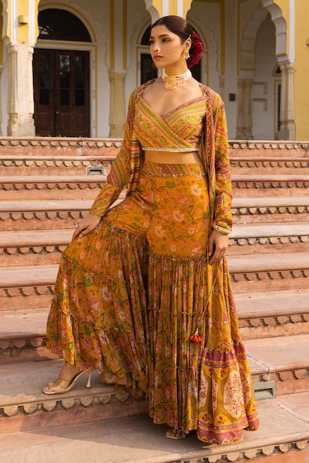 Sandhya Shah Yellow Georgette Printed Floral V Neck And Chintz Cape Sharara Set 