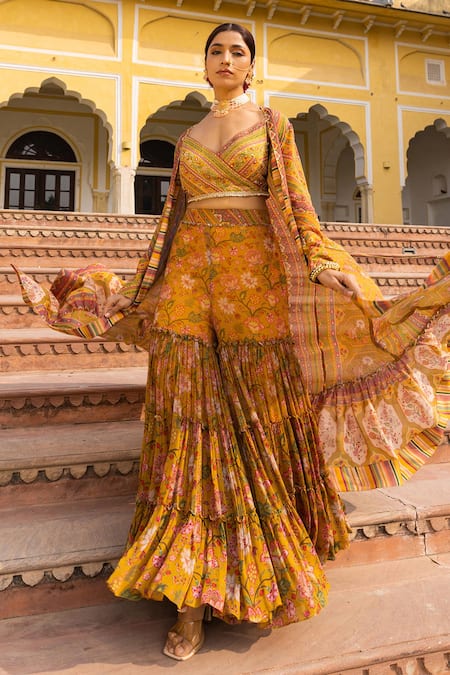Buy_Sandhya Shah_Yellow Georgette, Linen Beads, Cut Work Floral And Chintz Print Cape Sharara Set _Online_at_Aza_Fashions