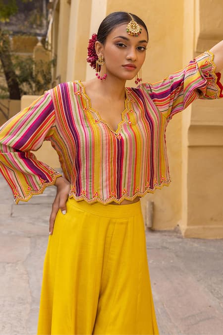 Buy_Sandhya Shah_Yellow Silk, Cotton Embroidery, Mirrors Striped Print Crop Top And Sharara Set _Online_at_Aza_Fashions