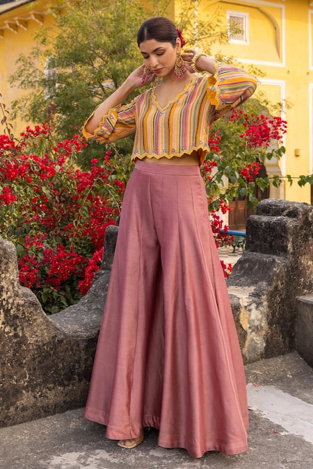 Shop_Sandhya Shah_Multi Color Silk, Cotton Embroidery, Mirrors Printed Crop Top And Sharara Set _at_Aza_Fashions