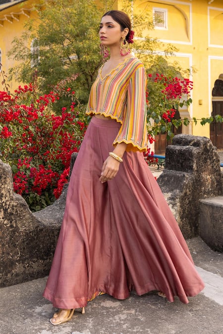 Sandhya Shah_Multi Color Silk, Cotton Embroidery, Mirrors Printed Crop Top And Sharara Set _Online_at_Aza_Fashions