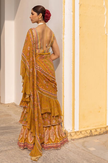 Shop_Sandhya Shah_Yellow Georgette, Linen Beads, Floral And Chintz Print Pre-draped Ruffle Saree Set _at_Aza_Fashions