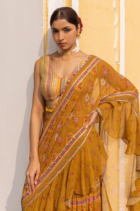 Sandhya Shah_Yellow Georgette, Linen Beads, Floral And Chintz Print Pre-draped Ruffle Saree Set _Online_at_Aza_Fashions
