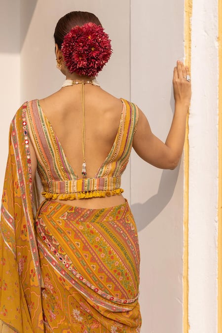 Buy_Sandhya Shah_Yellow Georgette, Linen Beads, Floral And Chintz Print Pre-draped Ruffle Saree Set _Online_at_Aza_Fashions