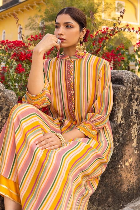 Shop Sandhya Shah Yellow Georgette, Cotton Embroidery Mandarin Striped Print Kurta And Trouser Set at Aza Fashions Shop_Sandhya Shah_Yellow Georgette, Cotton Embroidery Mandarin Striped Print Kurta And Trouser Set _at_Aza_Fashions