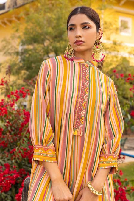 Sandhya Shah Yellow Georgette, Cotton Embroidery Mandarin Striped Print Kurta And Trouser Set Online at Aza Fashions Sandhya Shah_Yellow Georgette, Cotton Embroidery Mandarin Striped Print Kurta And Trouser Set _Online_at_Aza_Fashions