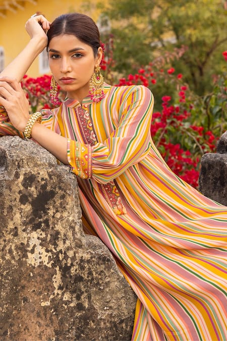 Buy Sandhya Shah Yellow Georgette, Cotton Embroidery Mandarin Striped Print Kurta And Trouser Set Online at Aza Fashions Buy_Sandhya Shah_Yellow Georgette, Cotton Embroidery Mandarin Striped Print Kurta And Trouser Set _Online_at_Aza_Fashions