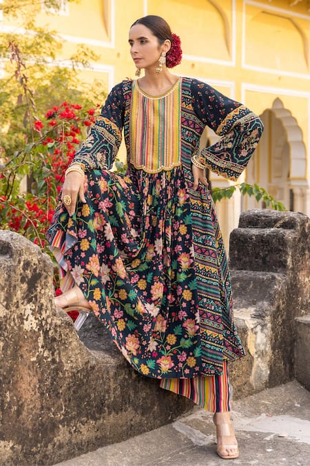 Sandhya Shah_Green Georgette Embroidery, Beads Round Neck Floral Print Anarkali And Palazzo Set _Online_at_Aza_Fashions