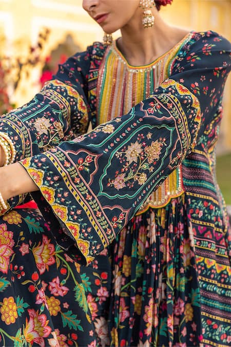 Buy_Sandhya Shah_Green Georgette Embroidery, Beads Round Neck Floral Print Anarkali And Palazzo Set _Online_at_Aza_Fashions