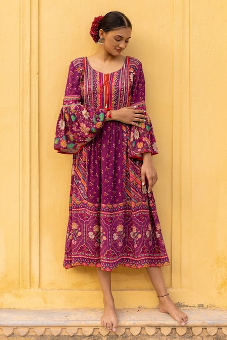 Sandhya Shah Wine Georgette Printed Floral Round Gathered Dress 