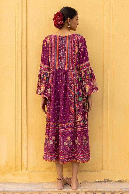 Shop_Sandhya Shah_Wine Georgette Embroidery, Sequins Round Neck Floral Print Gathered Dress_at_Aza_Fashions