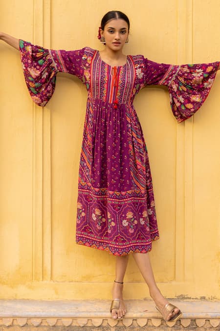 Sandhya Shah_Wine Georgette Embroidery, Sequins Round Neck Floral Print Gathered Dress_Online_at_Aza_Fashions