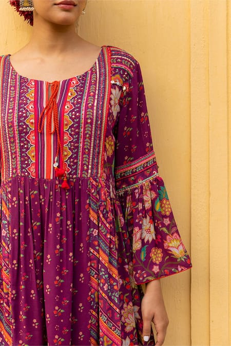 Buy_Sandhya Shah_Wine Georgette Embroidery, Sequins Round Neck Floral Print Gathered Dress_Online_at_Aza_Fashions