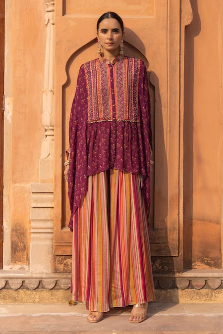 Shop Sandhya Shah Wine Chiffon, Cotton Beads, Cut Work Mandarin Printed Kaftan And Palazzo Set at Aza Fashions Shop_Sandhya Shah_Wine Chiffon, Cotton Beads, Cut Work Mandarin Printed Kaftan And Palazzo Set _at_Aza_Fashions