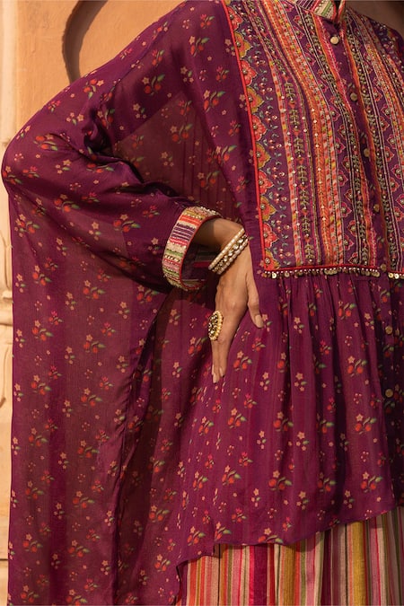 Sandhya Shah Wine Chiffon, Cotton Beads, Cut Work Mandarin Printed Kaftan And Palazzo Set Online at Aza Fashions Sandhya Shah_Wine Chiffon, Cotton Beads, Cut Work Mandarin Printed Kaftan And Palazzo Set _Online_at_Aza_Fashions