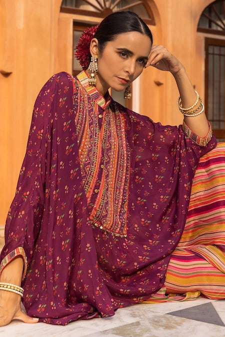 Buy Sandhya Shah Wine Chiffon, Cotton Beads, Cut Work Mandarin Printed Kaftan And Palazzo Set Online at Aza Fashions Buy_Sandhya Shah_Wine Chiffon, Cotton Beads, Cut Work Mandarin Printed Kaftan And Palazzo Set _Online_at_Aza_Fashions