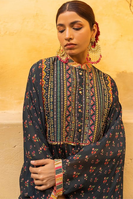 Shop_Sandhya Shah_Green Mandarin Collar Floral Printed Chiffon Kaftan And Palazzo Set _at_Aza_Fashions