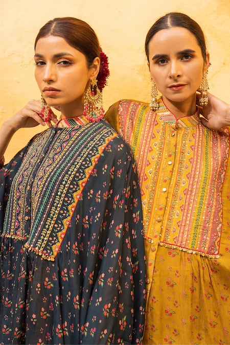 Sandhya Shah_Green Mandarin Collar Floral Printed Chiffon Kaftan And Palazzo Set _Online_at_Aza_Fashions