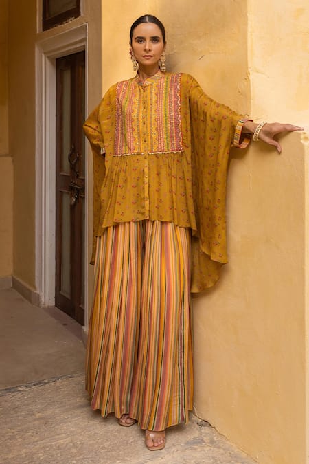 Shop_Sandhya Shah_Yellow Chiffon, Cotton Beads, Cut Work Collared Printed And Embroidered Kaftan Set _at_Aza_Fashions