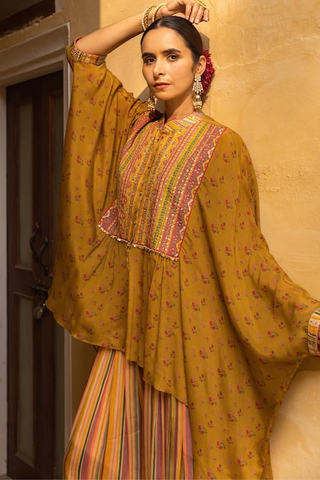 Sandhya Shah_Yellow Chiffon, Cotton Beads, Cut Work Collared Printed And Embroidered Kaftan Set _Online_at_Aza_Fashions