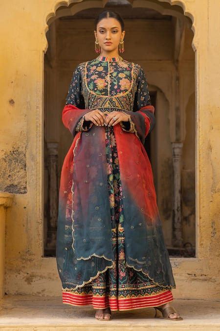 Sandhya Shah Green Raw Silk Printed Floral Mandarin Collar Anarkali With Dupatta 