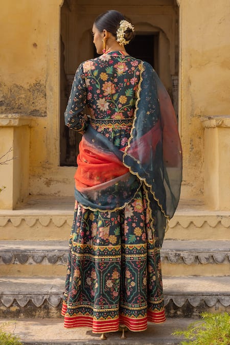 Shop_Sandhya Shah_Green Silk, Cotton, Chiffon Embroidery Printed Anarkali Set With Dupatta _at_Aza_Fashions