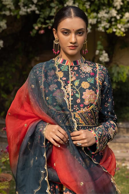 Sandhya Shah_Green Silk, Cotton, Chiffon Embroidery Printed Anarkali Set With Dupatta _Online_at_Aza_Fashions