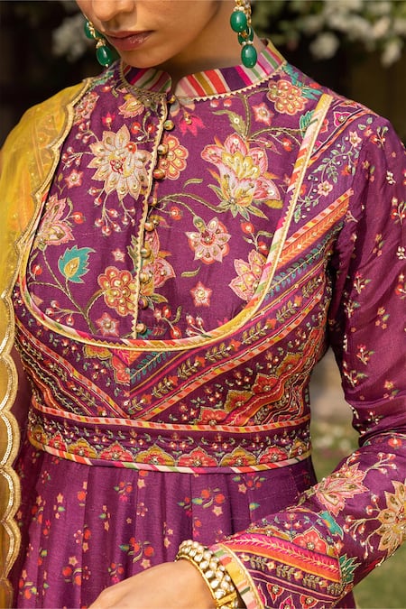 Sandhya Shah_Wine Silk, Cotton Embroidery Mandarin Collar Floral Print Anarkali With Dupatta _Online_at_Aza_Fashions