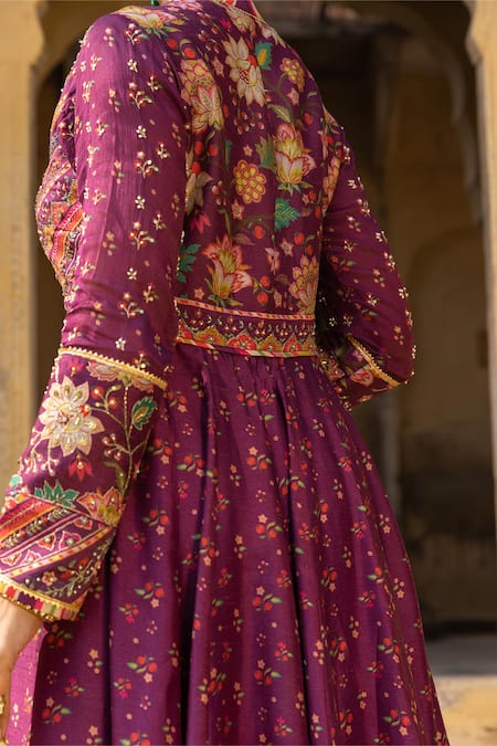 Buy_Sandhya Shah_Wine Silk, Cotton Embroidery Mandarin Collar Floral Print Anarkali With Dupatta _Online_at_Aza_Fashions