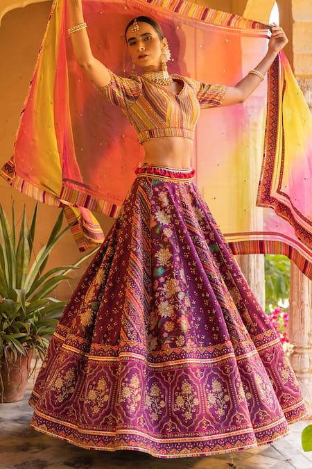 Sandhya Shah_Wine Silk, Linen Cut Work, Beads, Floral And Chintz Print Bridal Lehenga Set _Online_at_Aza_Fashions