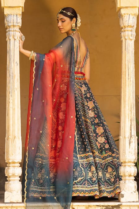 Shop_Sandhya Shah_Green Silk, Linen Tassels, Beads V-neck Printed Blouse Bridal Lehenga Set _at_Aza_Fashions