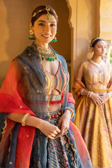 Sandhya Shah_Green Silk, Linen Tassels, Beads V-neck Printed Blouse Bridal Lehenga Set _Online_at_Aza_Fashions