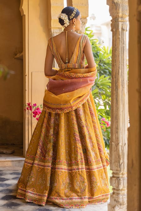Sandhya Shah_Yellow Silk, Linen Beads, Tassels, Cut Work, And Printed Blouse Bridal Lehenga Set _Online_at_Aza_Fashions