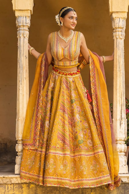 Buy_Sandhya Shah_Yellow Silk, Linen Beads, Tassels, Cut Work, And Printed Blouse Bridal Lehenga Set _Online_at_Aza_Fashions
