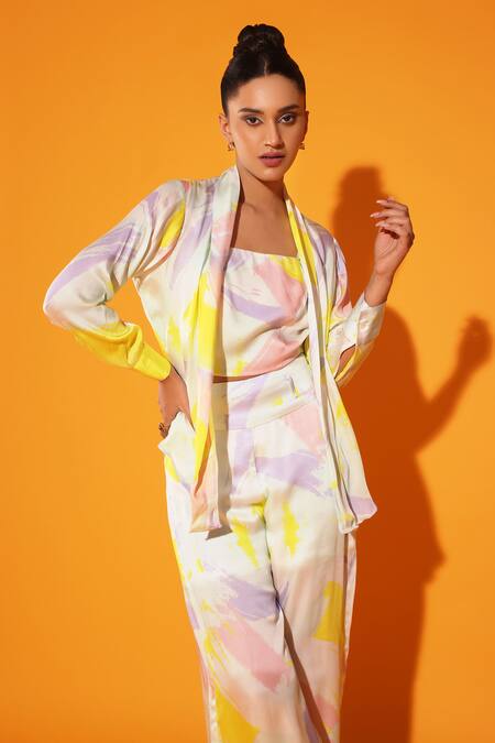 Buy Kyra By Nina + Deepika Multi Color Modal, Satin Round Art Romance Brush Stroke Print Jacket Pant Set Online at Aza Fashions Buy_Kyra By Nina + Deepika_Multi Color Modal, Satin Round Art Romance Brush Stroke Print Jacket Pant Set _Online_at_Aza_Fashions