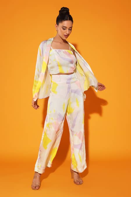Kyra By Nina + Deepika Multi Color Modal, Satin Round Art Romance Brush Stroke Print Jacket Pant Set