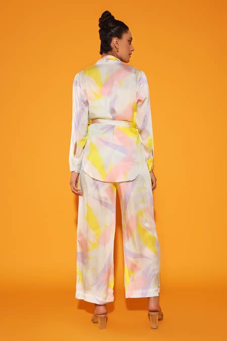 Shop Kyra By Nina + Deepika Multi Color Modal, Satin Round Art Romance Brush Stroke Print Jacket Pant Set at Aza Fashions Shop_Kyra By Nina + Deepika_Multi Color Modal, Satin Round Art Romance Brush Stroke Print Jacket Pant Set _at_Aza_Fashions
