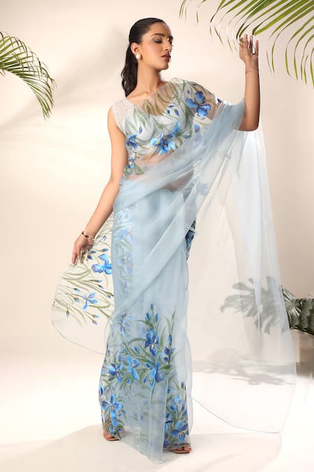 Shop Kyra By Nina + Deepika Blue Silk Organza Blooming Iris Hand Painted Saree With Unstitched Blouse Fabric Online at Aza Fashions Shop_Kyra By Nina + Deepika_Blue Silk Organza Blooming Iris Hand Painted Saree With Unstitched Blouse Fabric _Online_at_Aza_Fashions