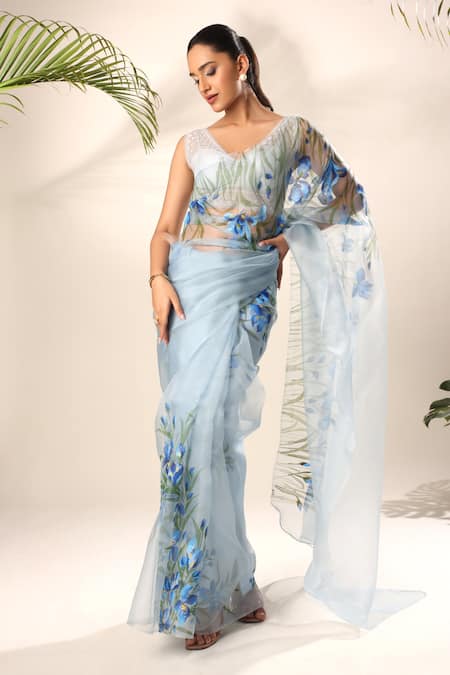 Kyra By Nina + Deepika Blue Silk Organza Blooming Iris Hand Painted Saree With Unstitched Blouse Fabric