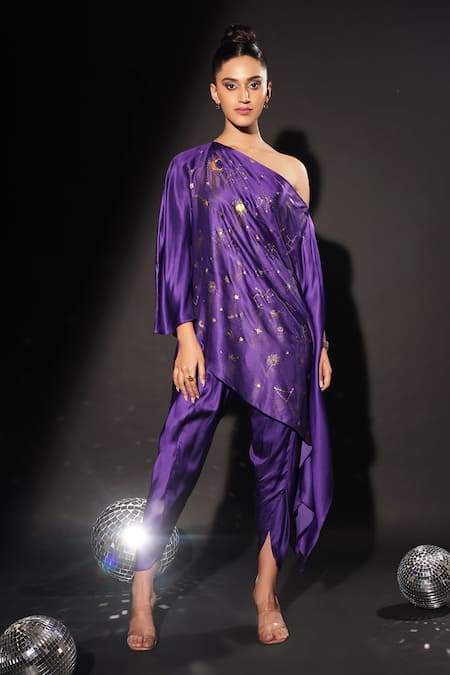 Kyra By Nina + Deepika Purple Modal, Satin Asymmetric Cosmos Hand Painted Top With Tulip Pant Online at Aza Fashions Kyra By Nina + Deepika_Purple Modal, Satin Asymmetric Cosmos Hand Painted Top With Tulip Pant _Online_at_Aza_Fashions