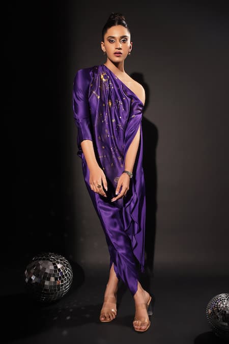 Buy Kyra By Nina + Deepika Purple Modal, Satin Asymmetric Cosmos Hand Painted Top With Tulip Pant Online at Aza Fashions Buy_Kyra By Nina + Deepika_Purple Modal, Satin Asymmetric Cosmos Hand Painted Top With Tulip Pant _Online_at_Aza_Fashions