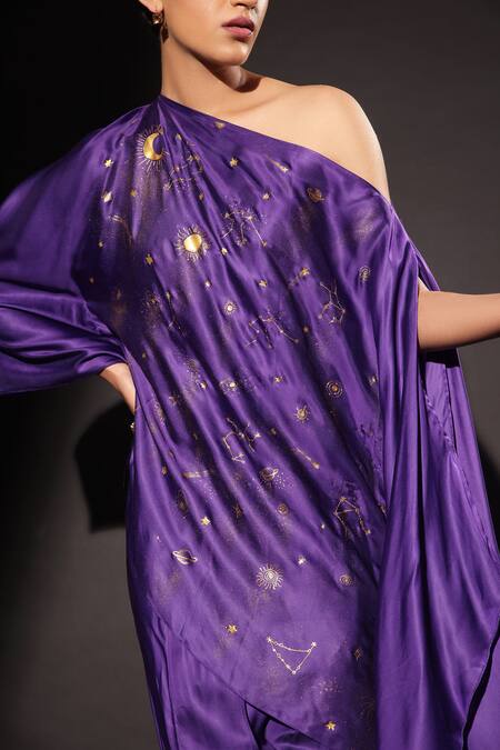 Shop Kyra By Nina + Deepika Purple Modal, Satin Asymmetric Cosmos Hand Painted Top With Tulip Pant Online at Aza Fashions Shop_Kyra By Nina + Deepika_Purple Modal, Satin Asymmetric Cosmos Hand Painted Top With Tulip Pant _Online_at_Aza_Fashions