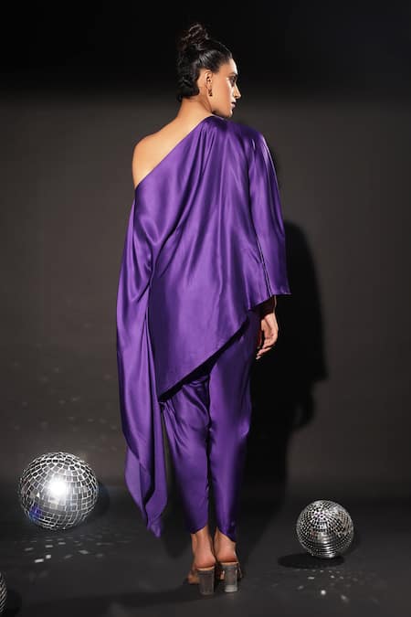 Shop Kyra By Nina + Deepika Purple Modal, Satin Asymmetric Cosmos Hand Painted Top With Tulip Pant at Aza Fashions Shop_Kyra By Nina + Deepika_Purple Modal, Satin Asymmetric Cosmos Hand Painted Top With Tulip Pant _at_Aza_Fashions